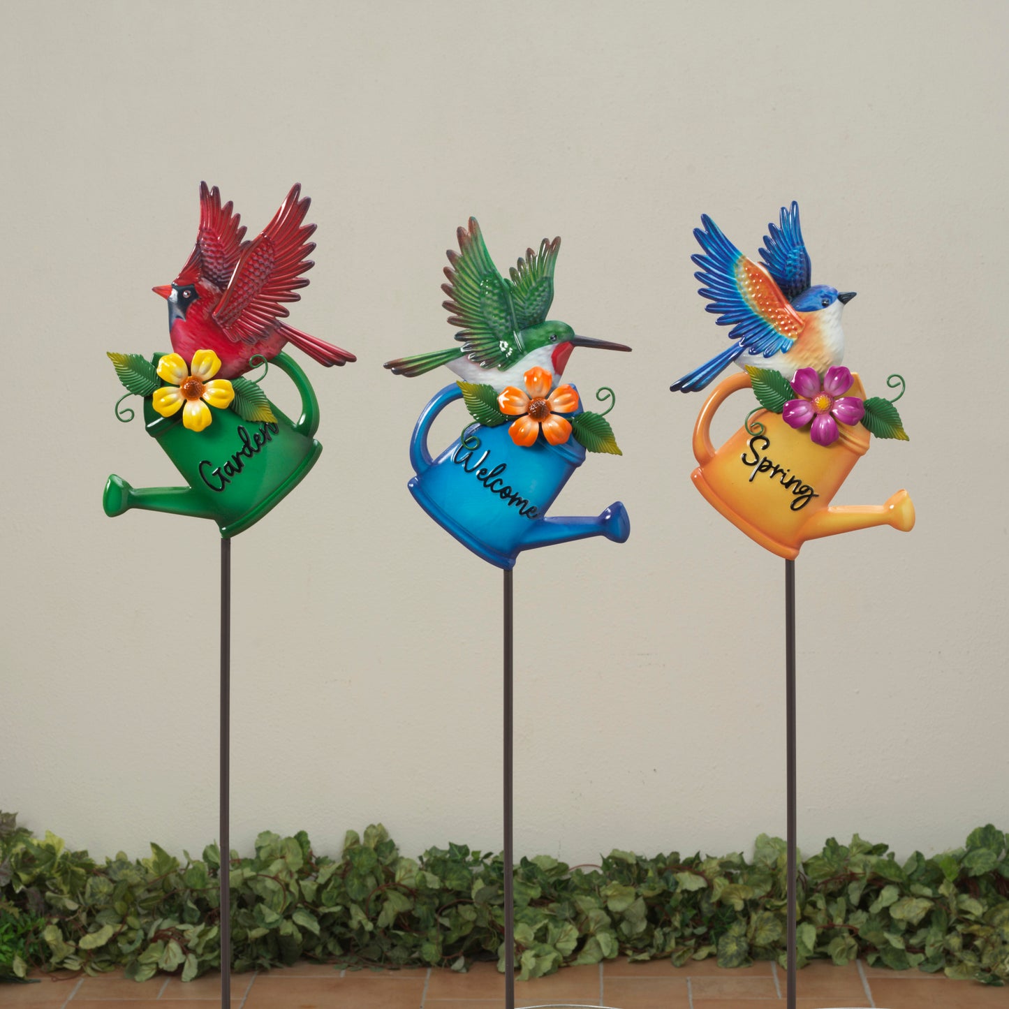 33"H Metal Watering Can w/ Bird Yard Stake