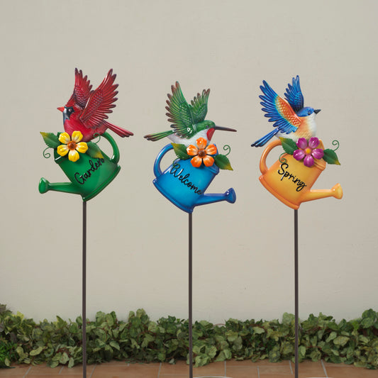 33"H Metal Watering Can w/ Bird Yard Stake