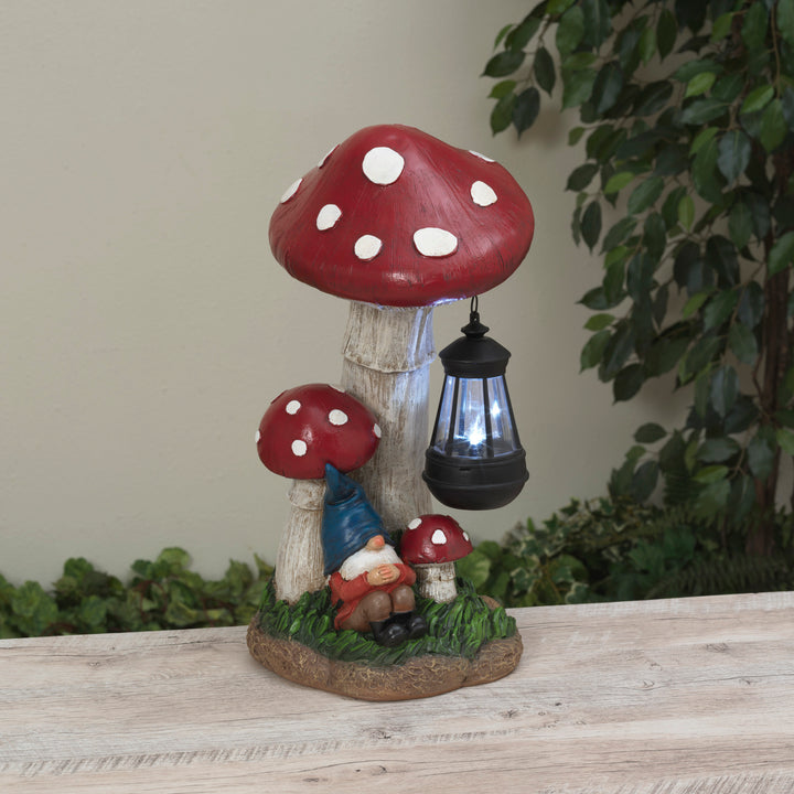 15.5"H Solar Lighted Resin Garden Mushrooms w/ Gnome & Lantern