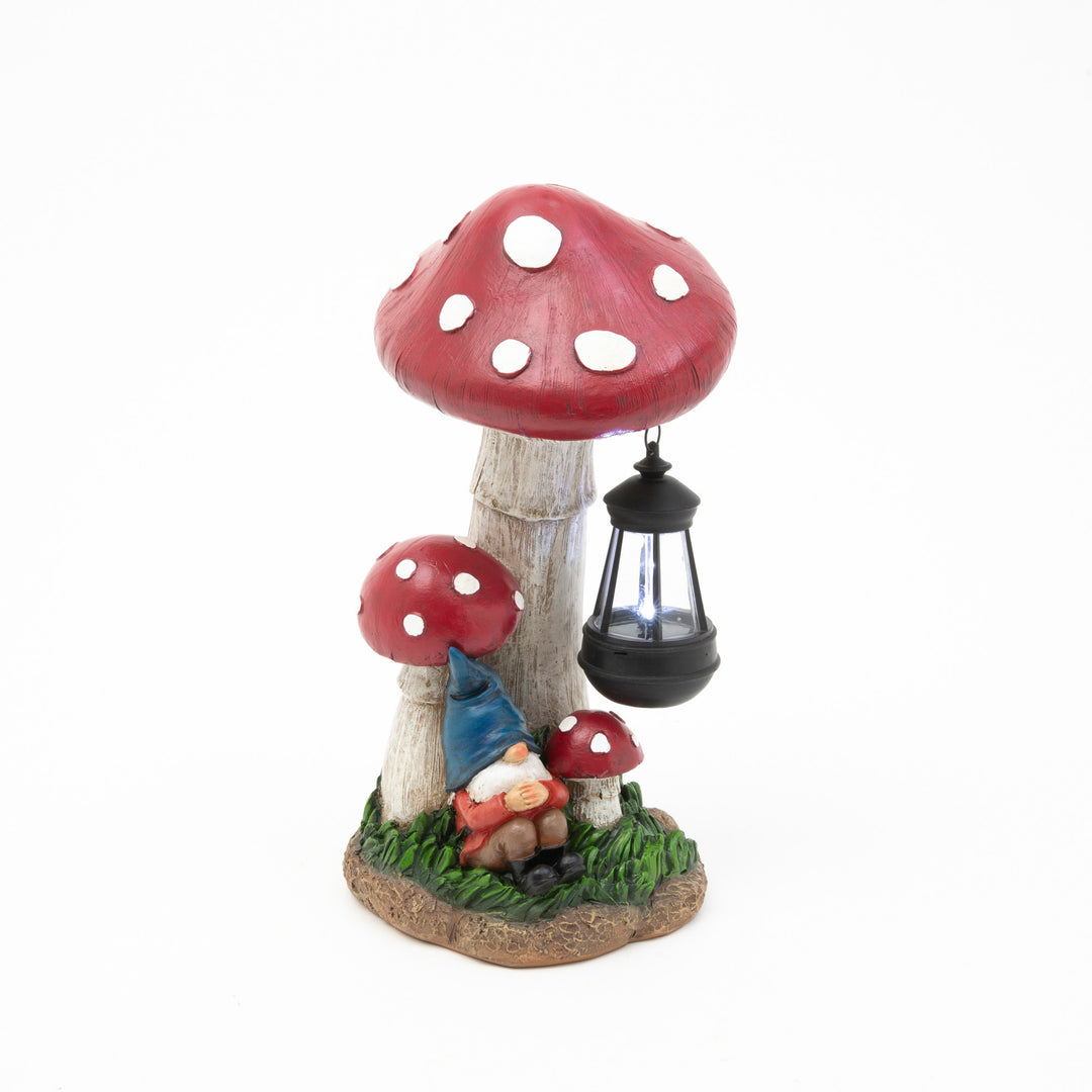 15.5"H Solar Lighted Resin Garden Mushrooms w/ Gnome & Lantern