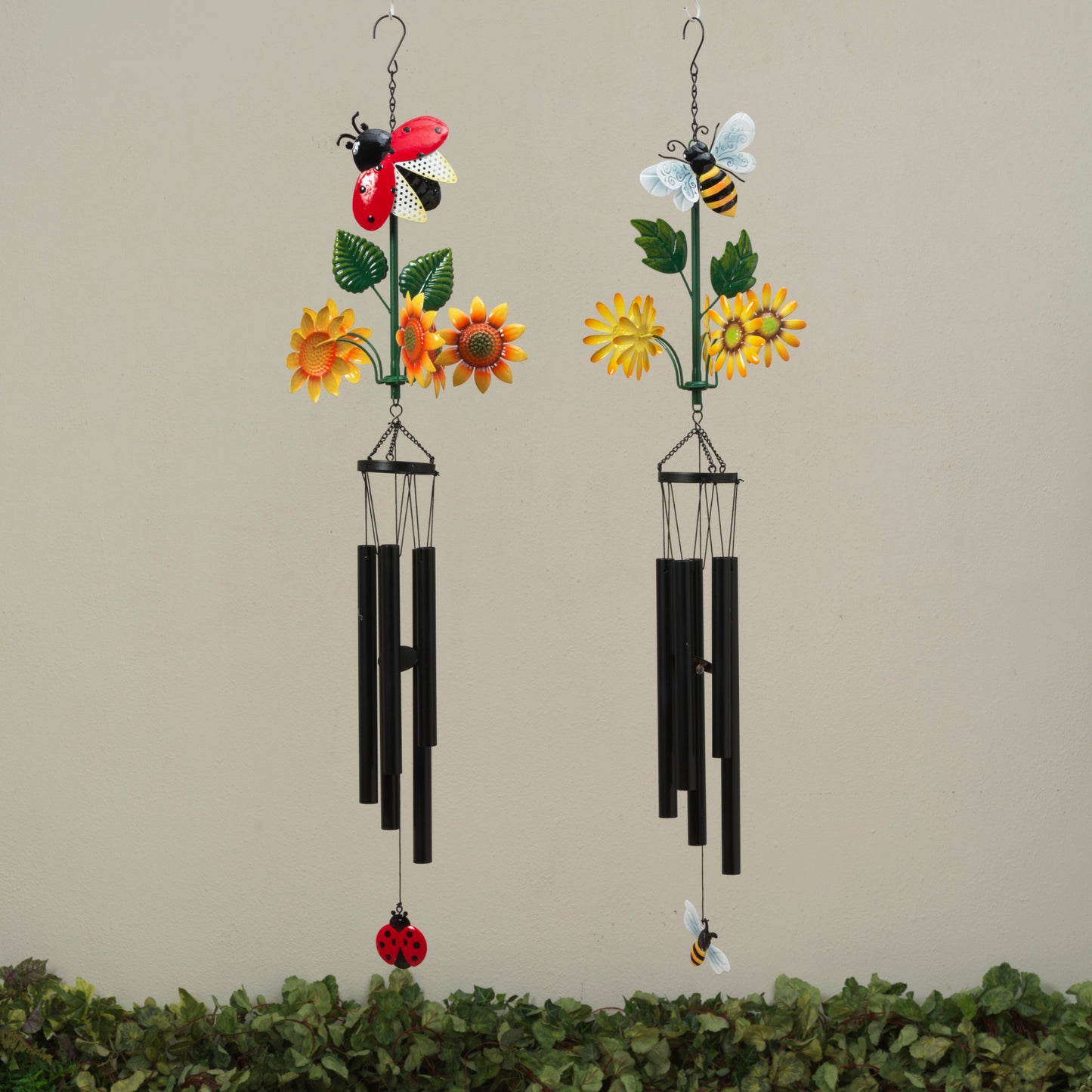 38.5"H Metal Ladybug & Bee Design Wind Chime w/ Spinning Flowers