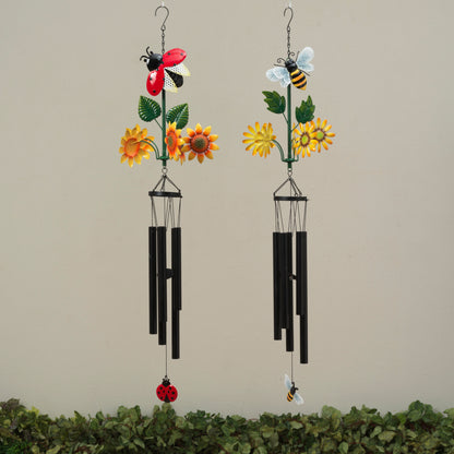 38.5"H Metal Ladybug & Bee Design Wind Chime w/ Spinning Flowers