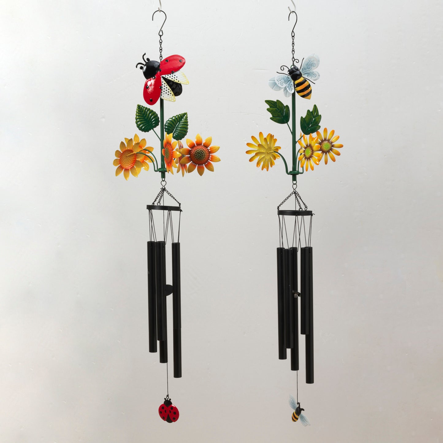 38.5"H Metal Ladybug & Bee Design Wind Chime w/ Spinning Flowers
