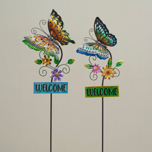 36.22"H Metal Butterfly Yard Stake w/Welcome Sign