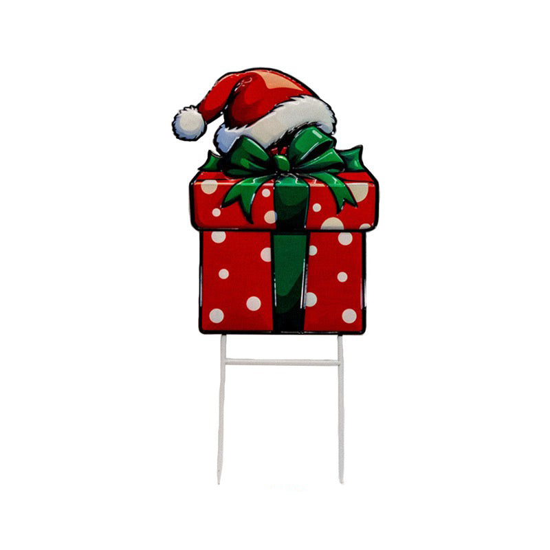 28" Red Christmas Present WIth Santa Hat Metal Yard Stake
