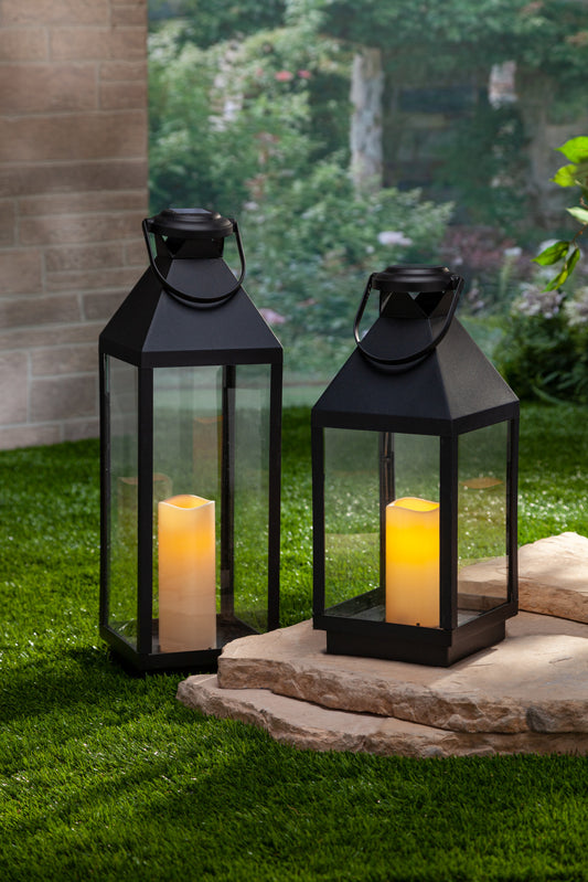 11"H Black Plastic Solar Lantern with Glass Panes with Candle