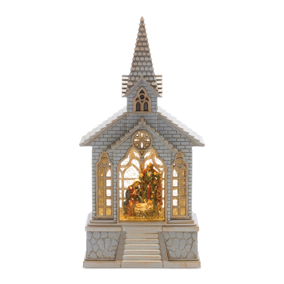 LED Snow Globe Church with Nativity 8.25"H