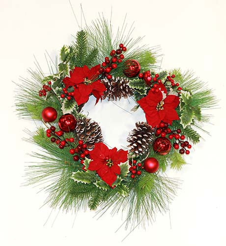 24" Poinsettia Pine Cone Ball Berries Wreath