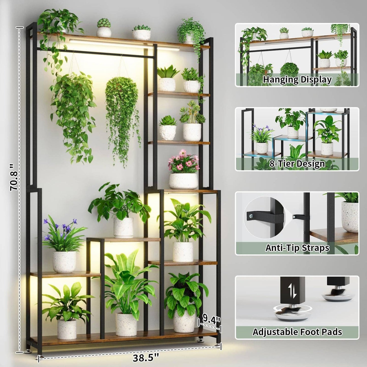 Indoor 8-Tier Metal Plant Stand with Grow Light