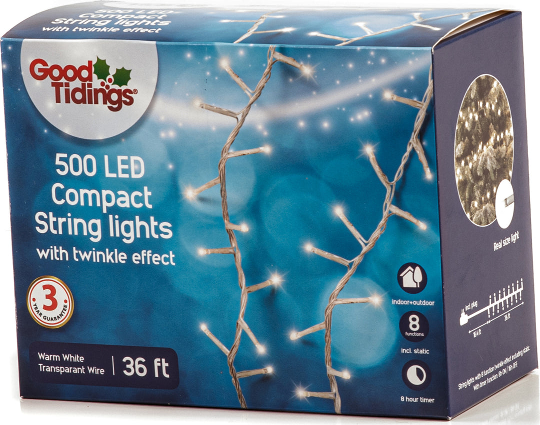 LED Compact 500 Warm White Twinkle 36" Transparent Wire.