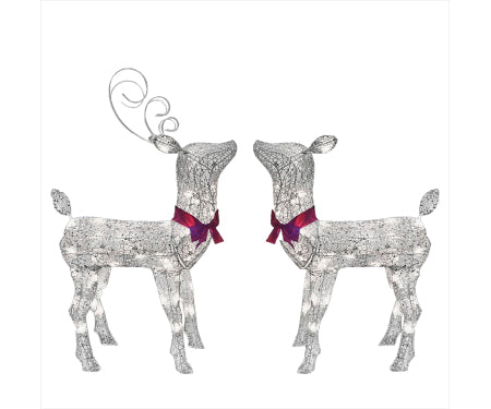 Small Deer 50 White LED Set 2 Morphing Silver Woven Glitter