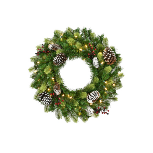 24" Wreath, Battery Operated with Pinecones