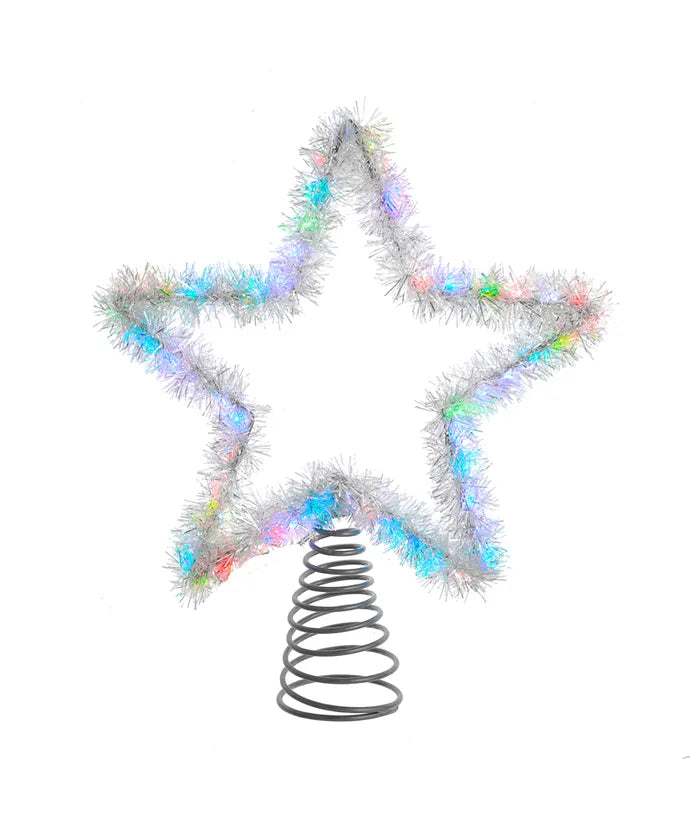 12" 55-Light RGB LED Silver Tinsel Star Treetop