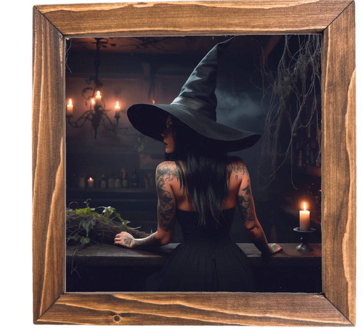 Tattooed Witch in Bar Framed Sign Halloween Decor