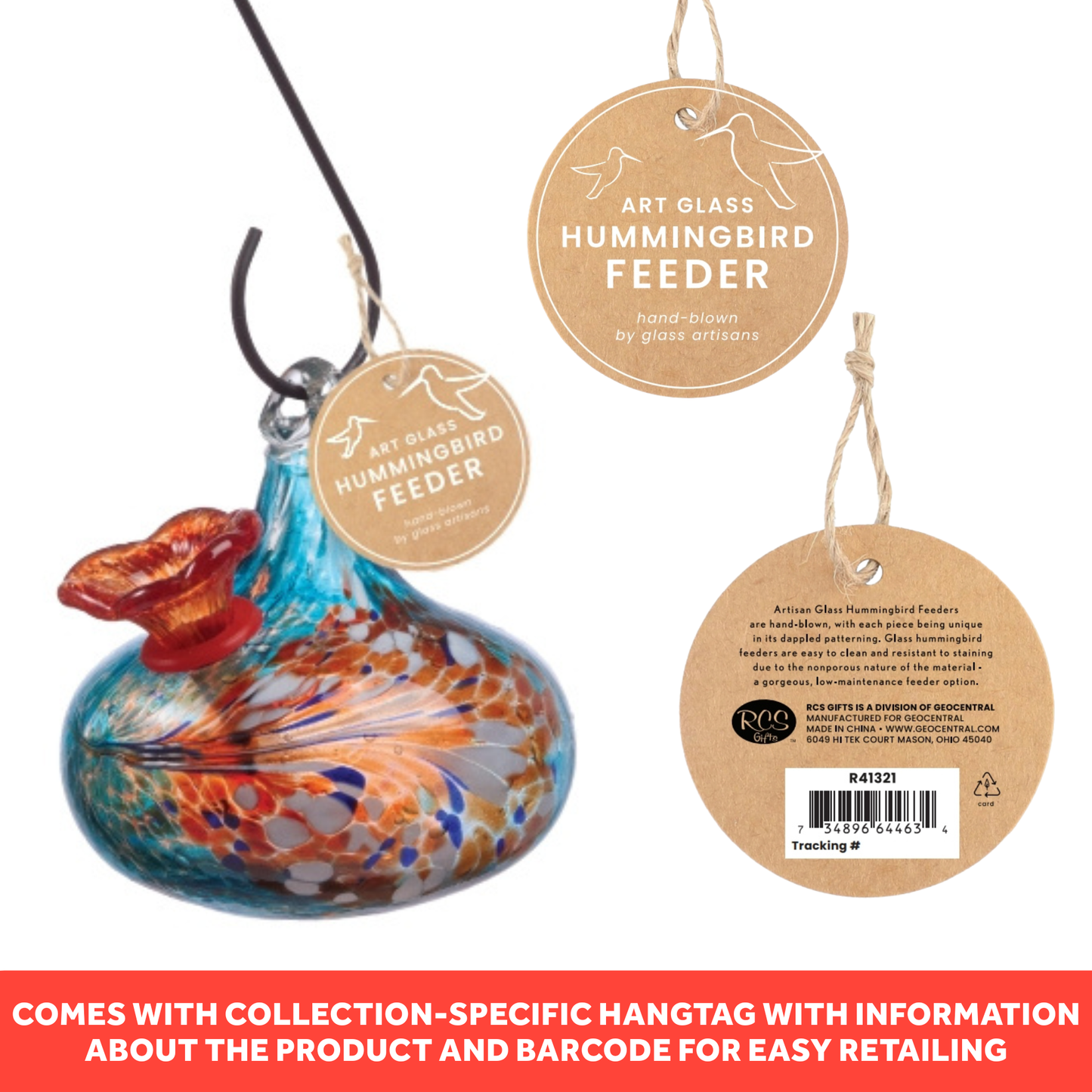 Teardrop Blue Art Glass Hummingbird Feeder