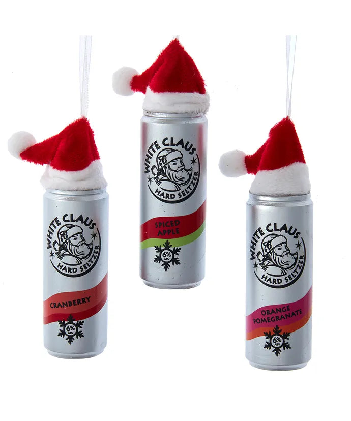 White Claus Seltzer With Santa Hat Ornament