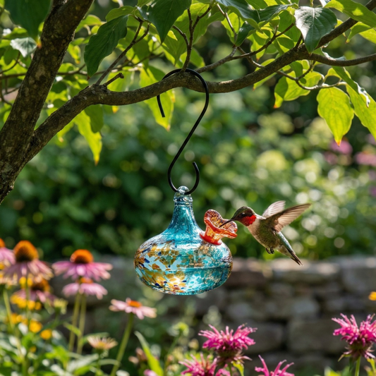 Teardrop Blue Art Glass Hummingbird Feeder