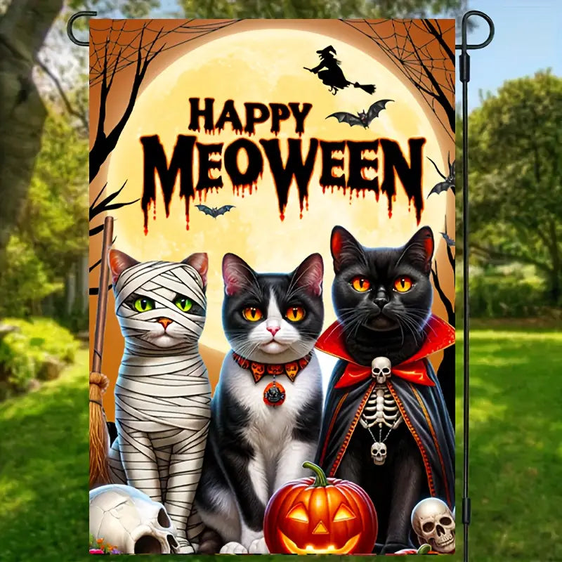 Spooky Halloween Cat Banner With Mummy, Vampire & Witch