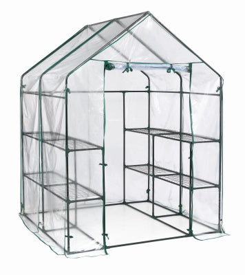 Mini Greenhouse, Steel Frame, 4 Mesh Shelves, Clear Cover, 56 x 56 x 76 In. High