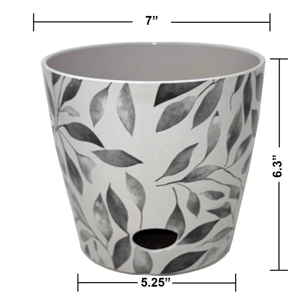7" Gray Leaves Round Self-Watering Bamboo Pot -Ship Only