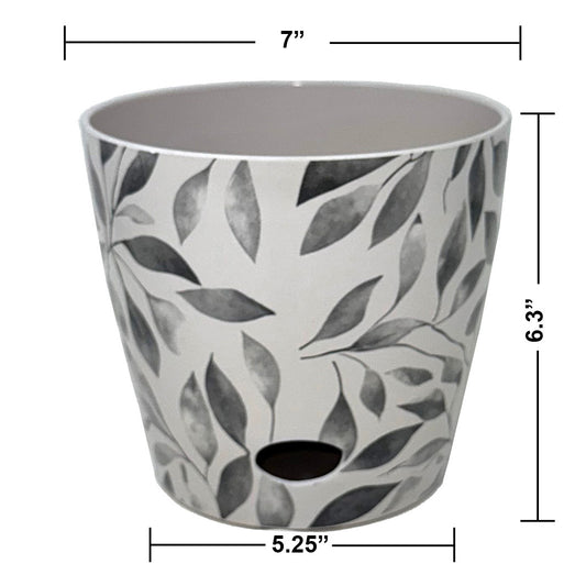 7" Gray Leaves Round Self-Watering Bamboo Pot -Ship Only