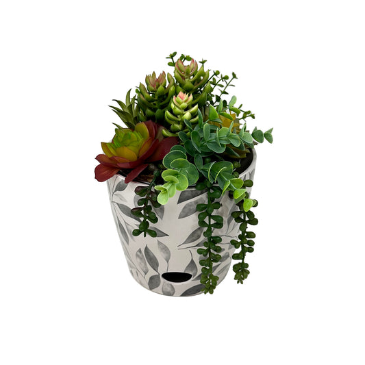 7" Gray Leaves Round Self-Watering Bamboo Pot -Ship Only