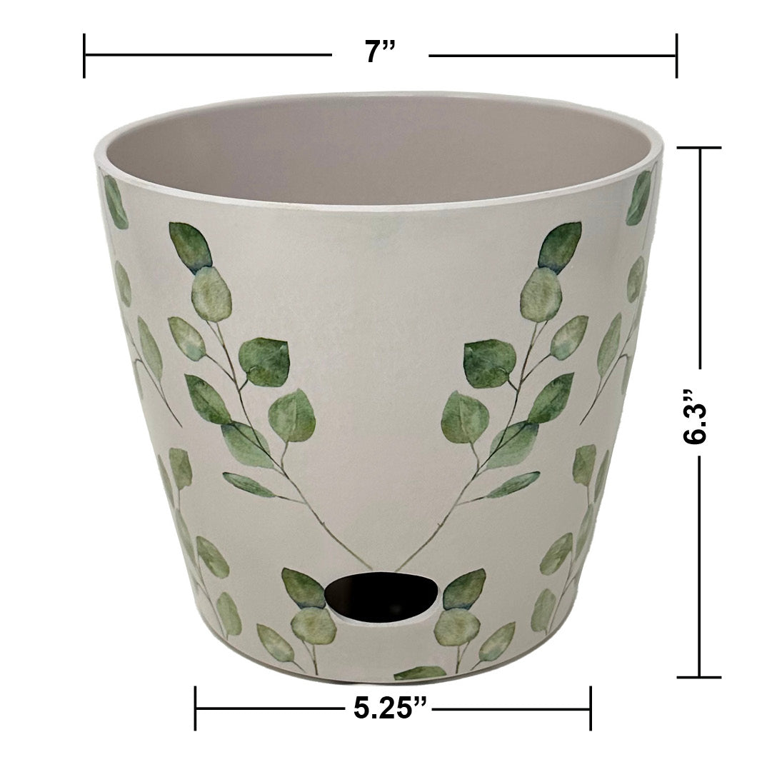 7" Green Leaves Round Self-Watering Bamboo Pot -Ship Only