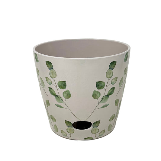 7" Green Leaves Round Self-Watering Bamboo Pot -Ship Only