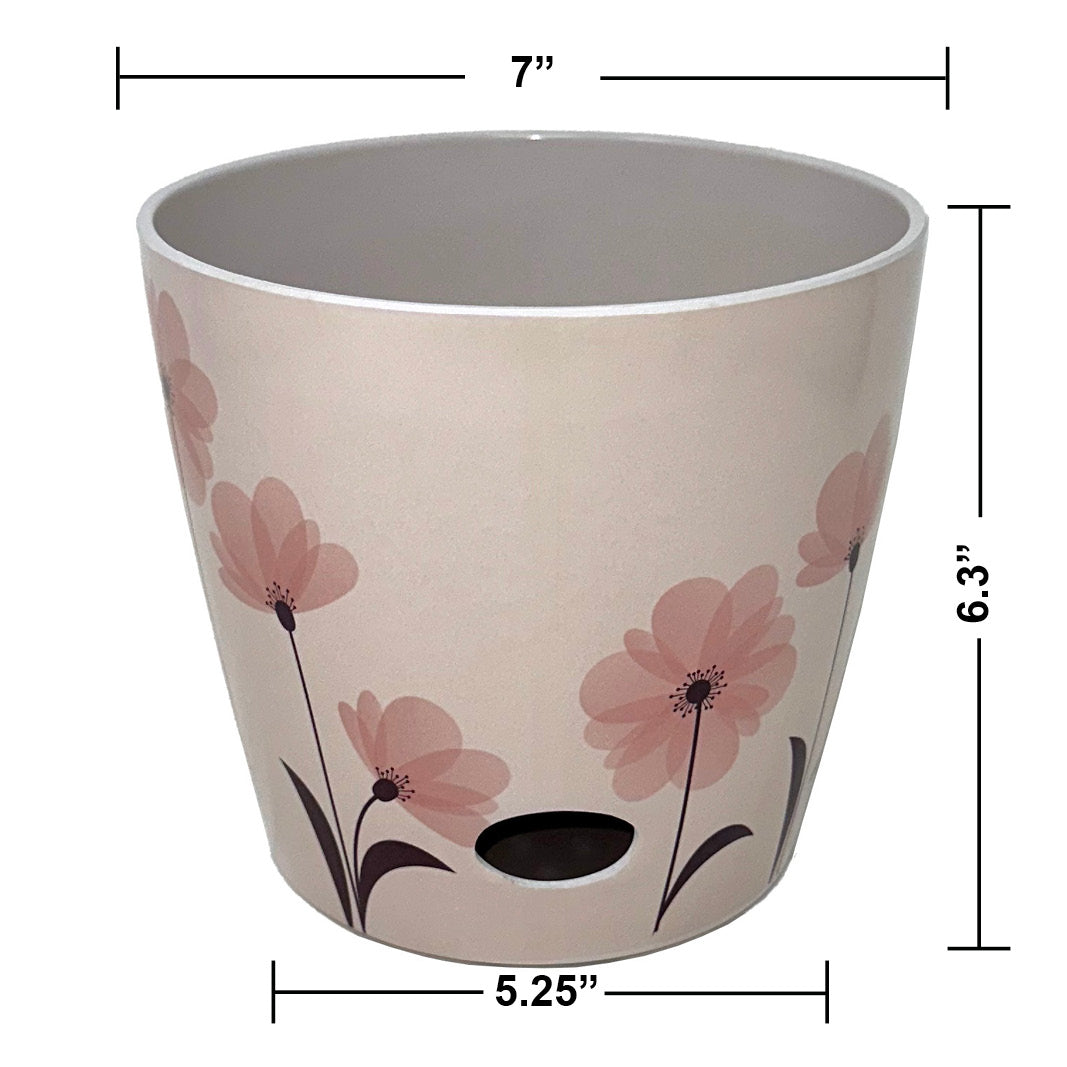 7" Pink Flower Round Self-Watering Bamboo Pot -Ship Only