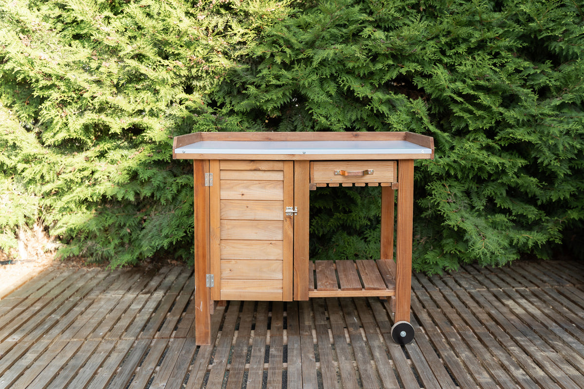 Gardener's Table with Wheels Cabinet and Drawer -Ship Only