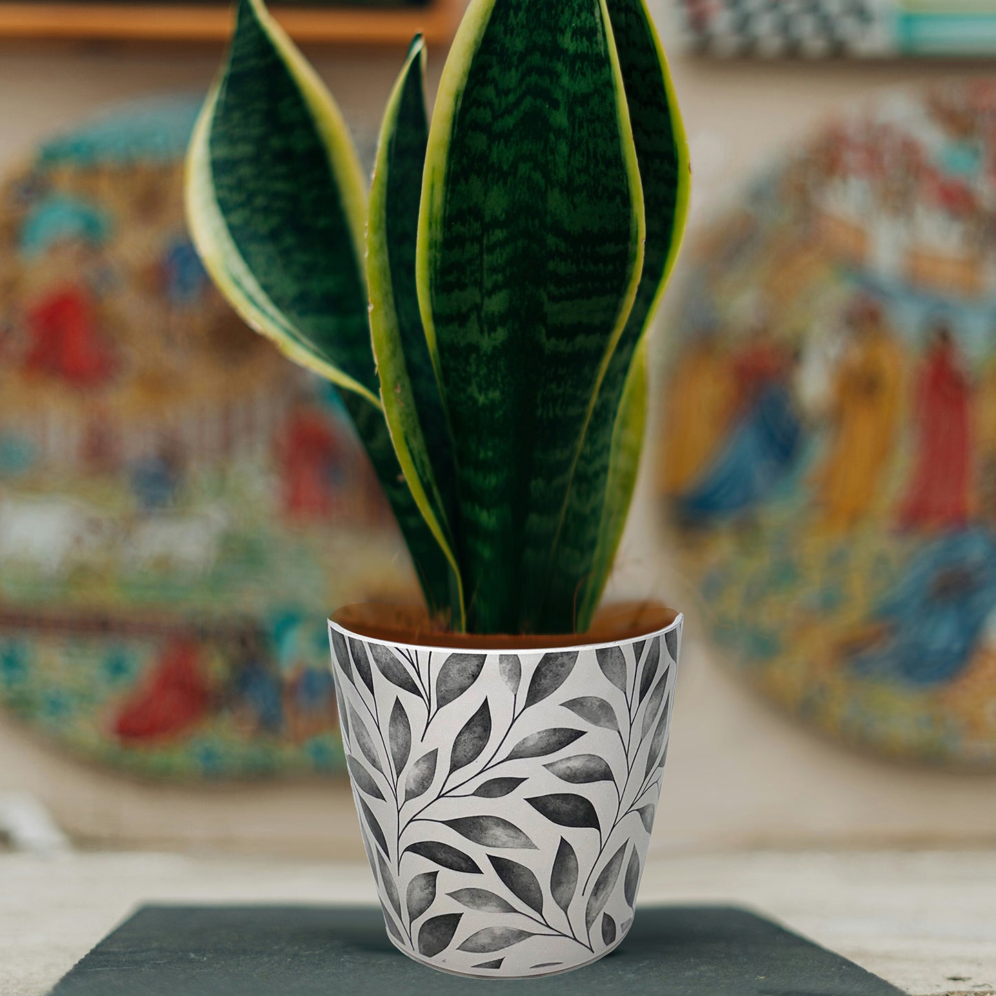 7" Gray Leaves Round Self-Watering Bamboo Pot -Ship Only