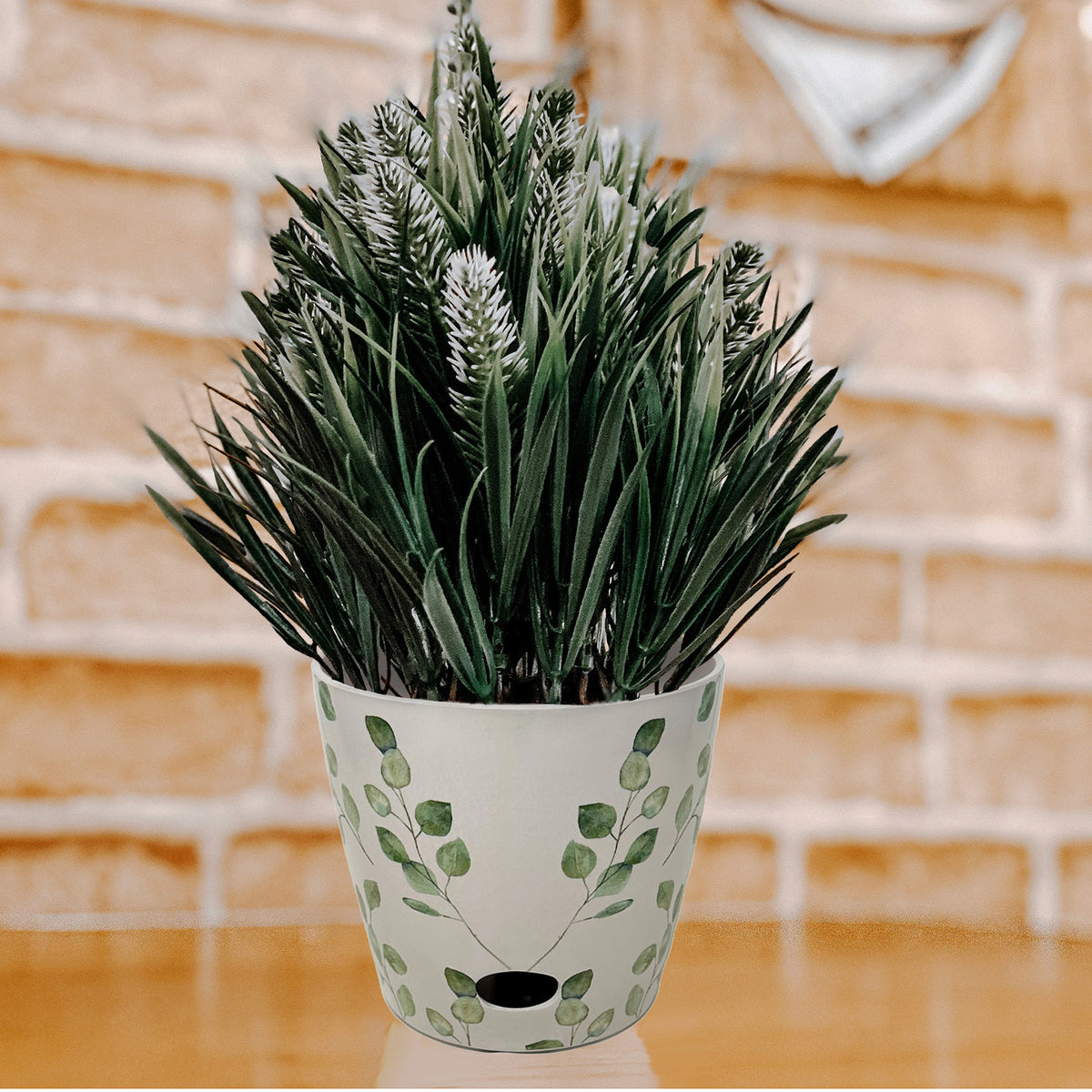 7" Green Leaves Round Self-Watering Bamboo Pot -Ship Only