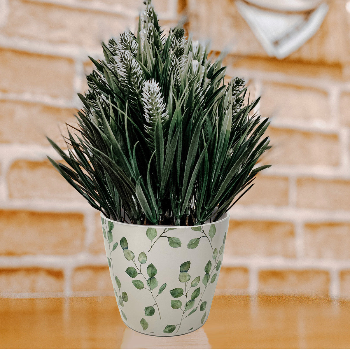 7" Green Leaves Round Self-Watering Bamboo Pot -Ship Only