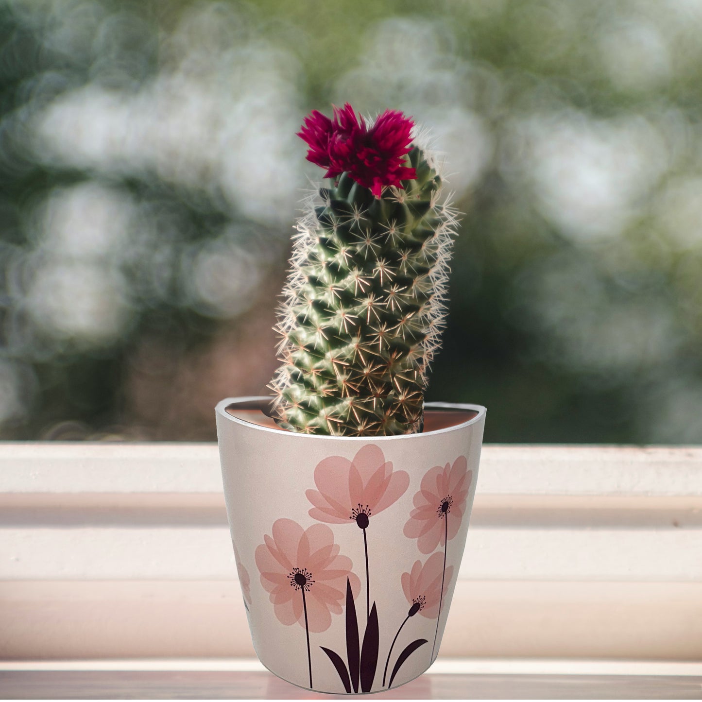 7" Pink Flower Round Self-Watering Bamboo Pot -Ship Only