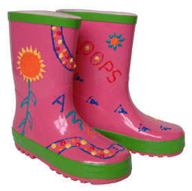 Little Pals Paint Your Own Wellies Rain Boots Pink with Green Trim Kids US Size 9.5 -Ship Only