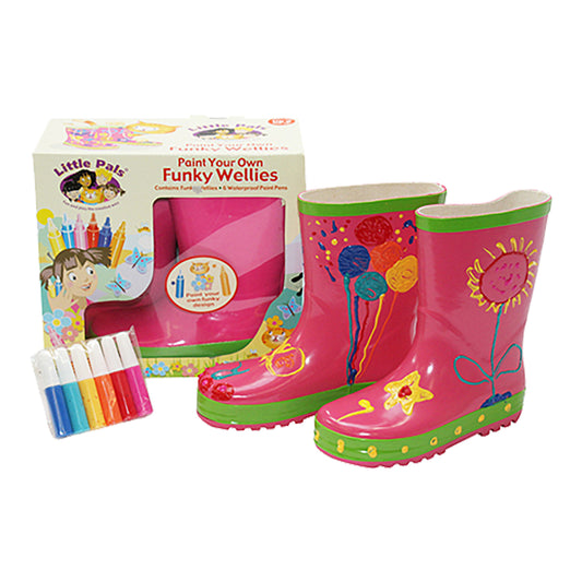 Little Pals Paint Your Own Wellies Rain Boots Pink with Green Trim Kids US Size 11.5 -Ship Only