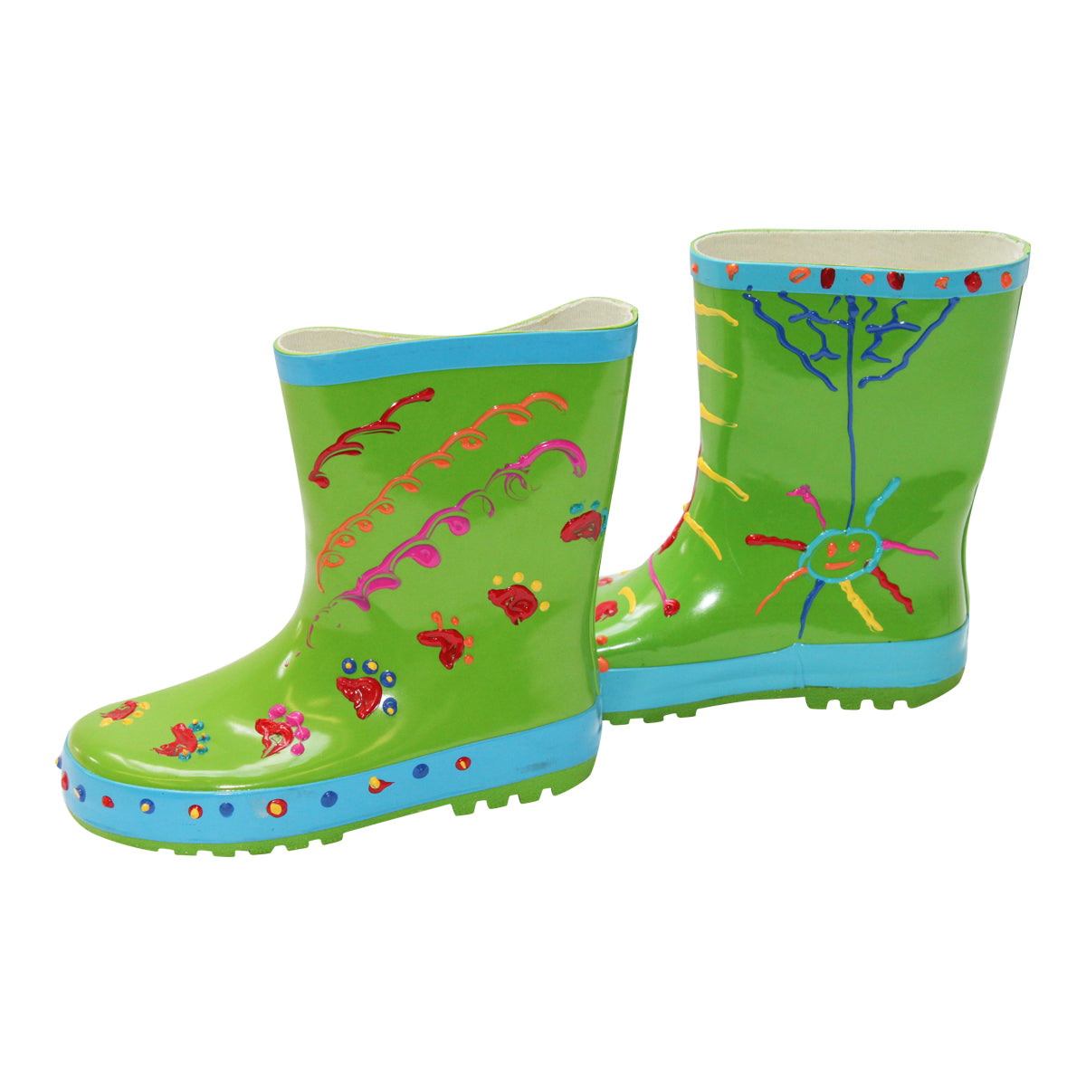 Little Pals Paint Your Own  Wellies Rain Boots Green with Blue Trim Kids US Size 9.5 -Ship Only