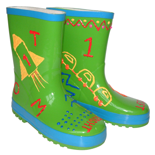 Little Pals Paint Your Own  Wellies Rain Boots Green with Blue Trim Kids US Size 9.5 -Ship Only