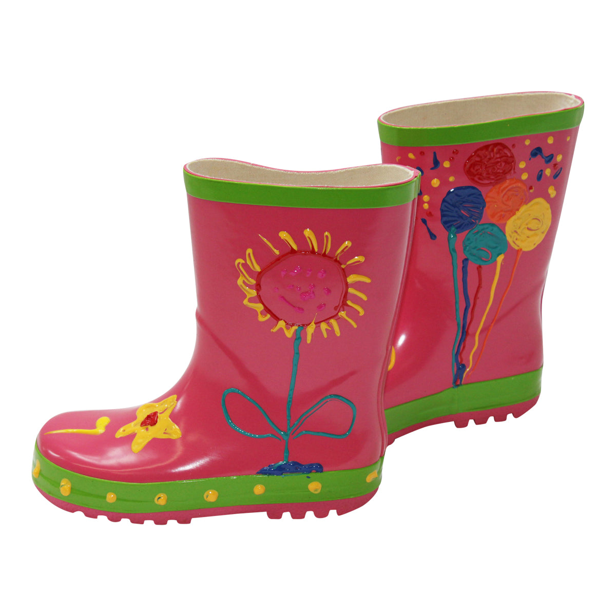 Little Pals Paint Your Own Wellies Rain Boots Pink with Green Trim Kids US Size 9.5 -Ship Only