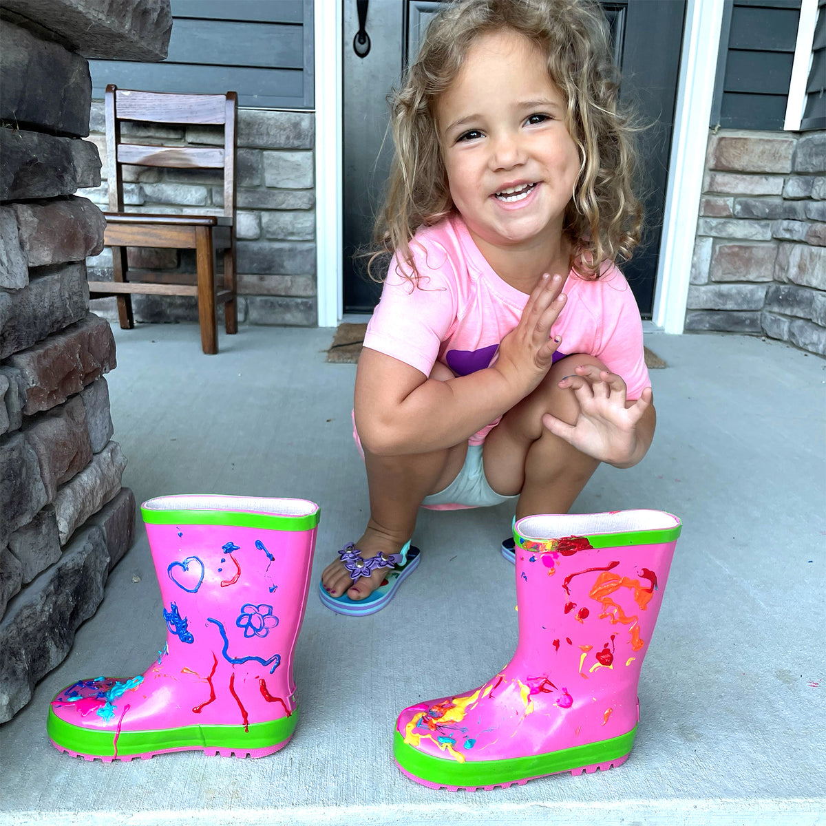 Little Pals Paint Your Own Wellies Rain Boots Pink with Green Trim Kids US Size 9.5 -Ship Only