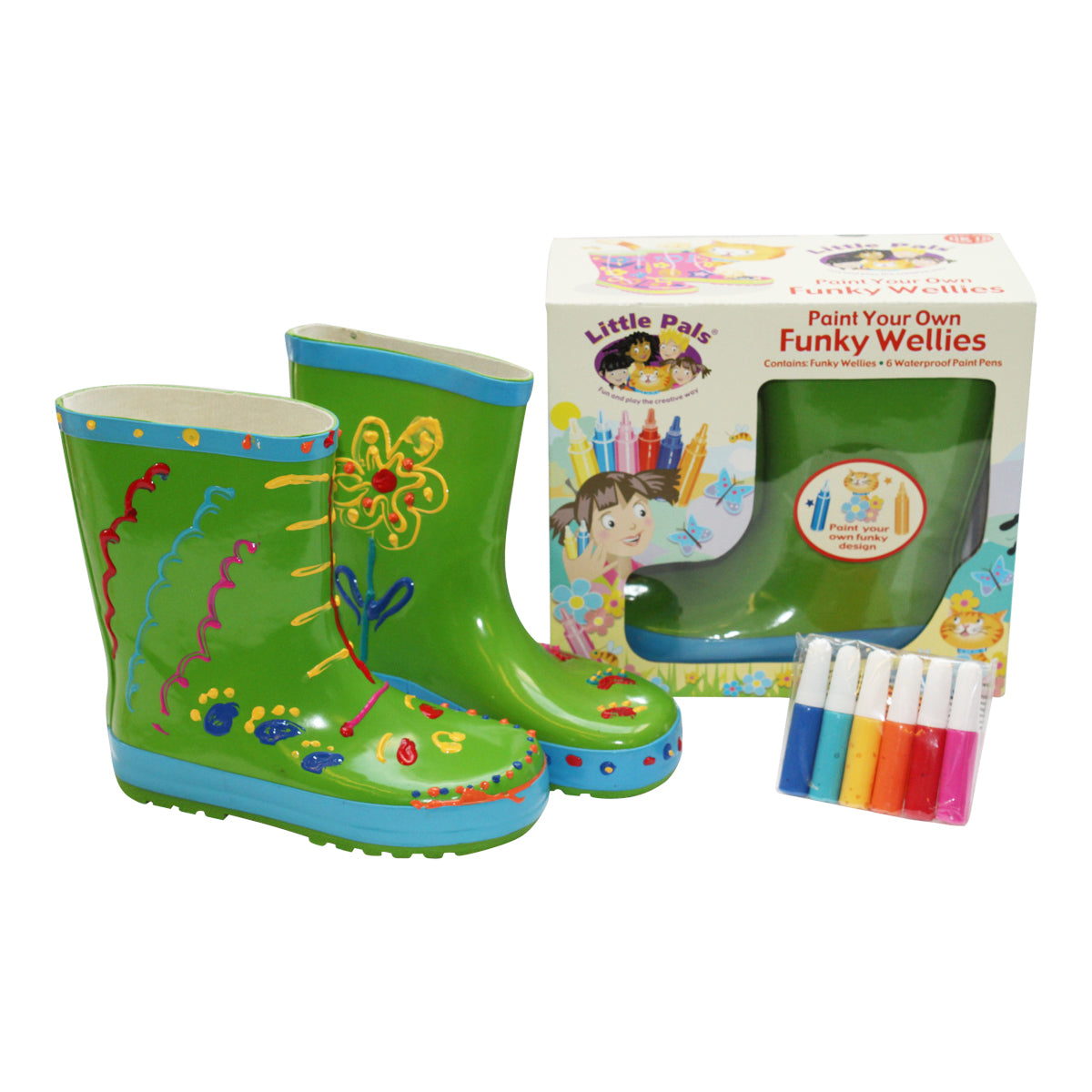Little Pals Paint Your Own Wellies Rain Boots Green with Blue Trim Kids US Size 11.5 -Ship Only