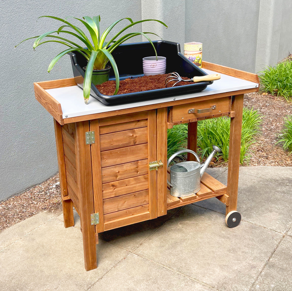Gardener's Table with Wheels Cabinet and Drawer -Ship Only