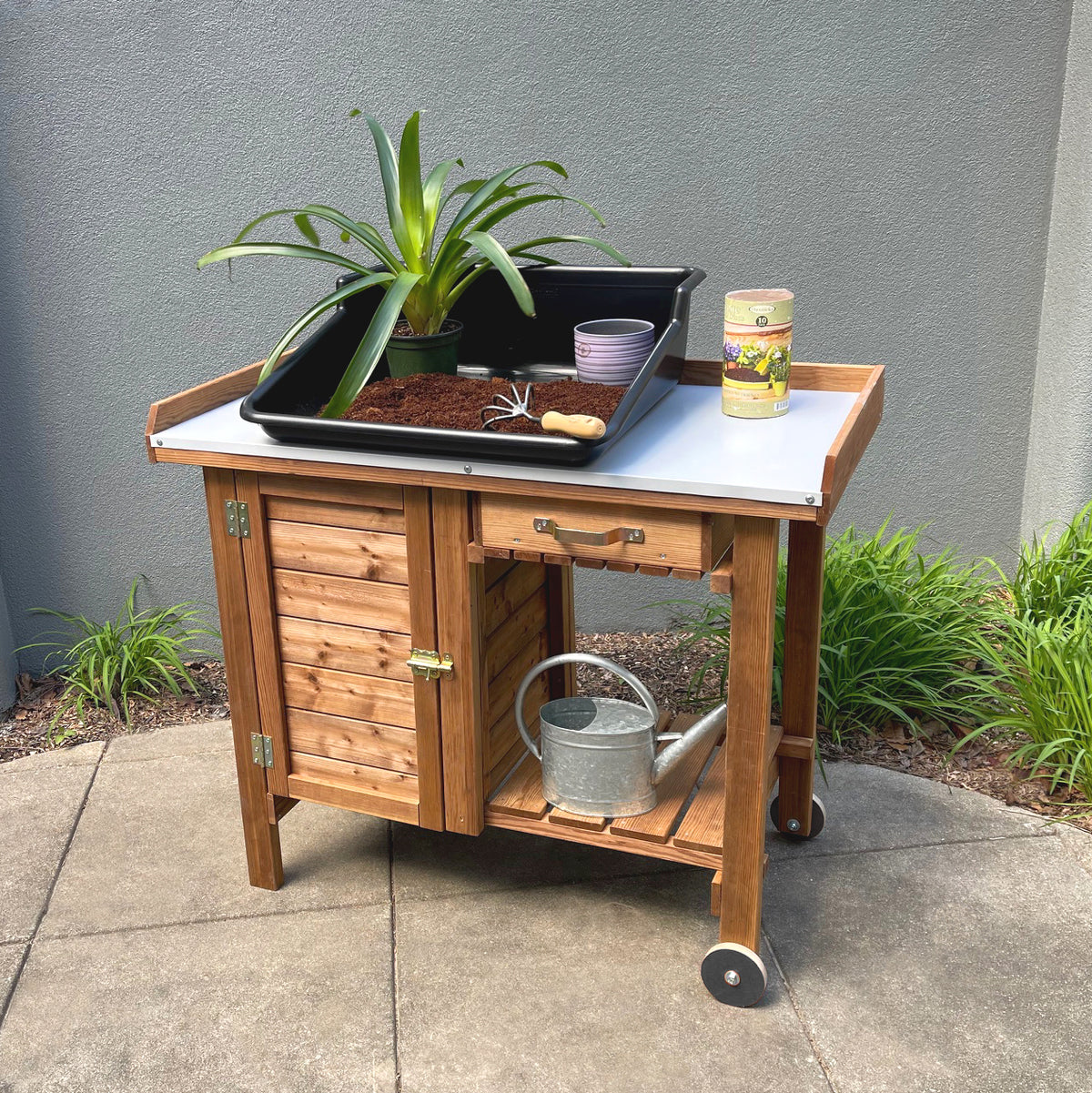 Gardener's Table with Wheels Cabinet and Drawer -Ship Only