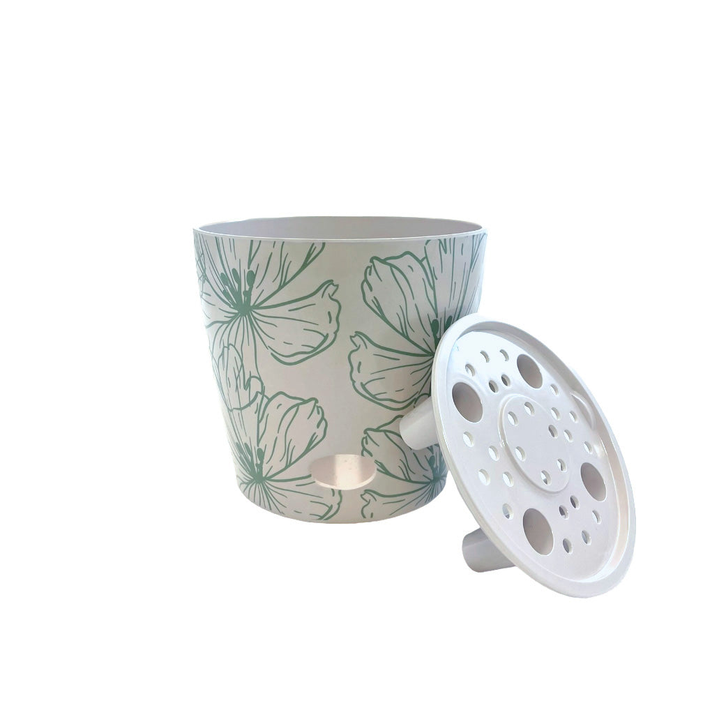5" Green Flowers Round Self-Watering Bamboo Pot -Ship Only
