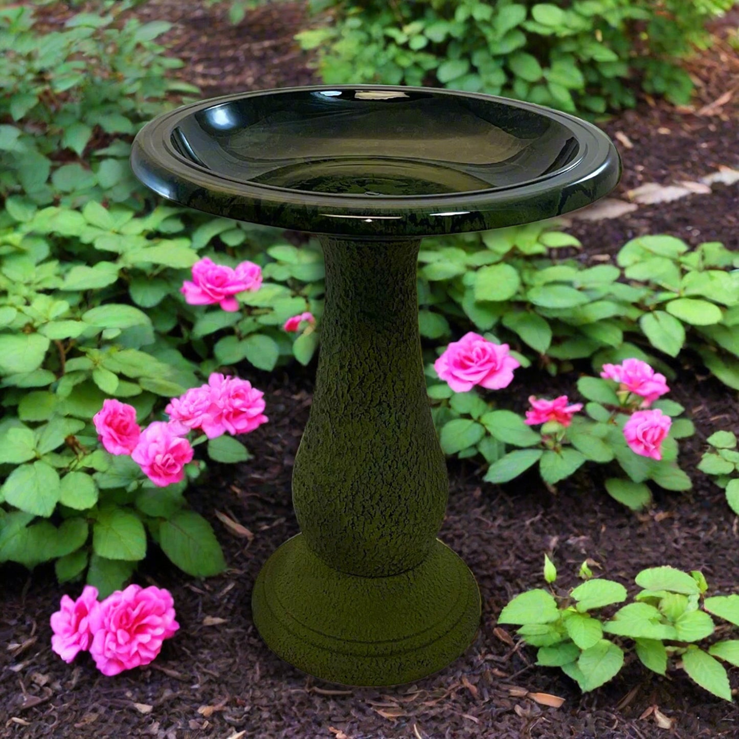 24" Hunter Green Fiber Clay Birdbath -Ship Only