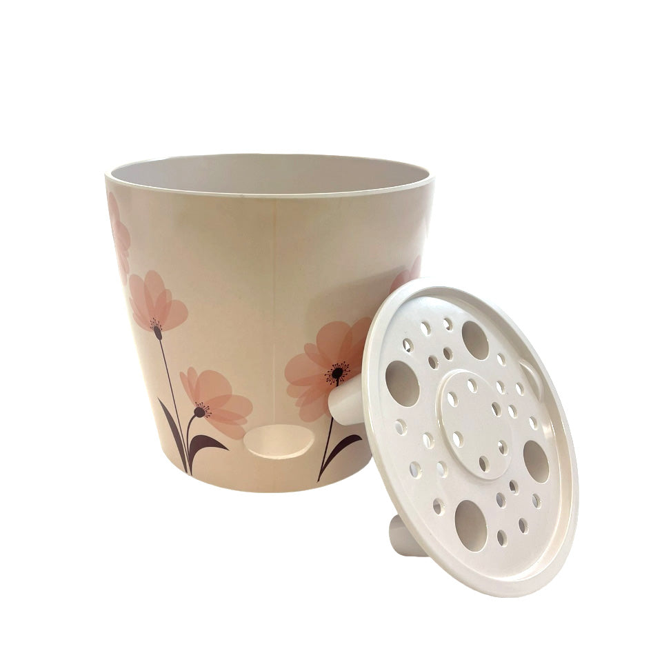 7" Pink Flower Round Self-Watering Bamboo Pot -Ship Only