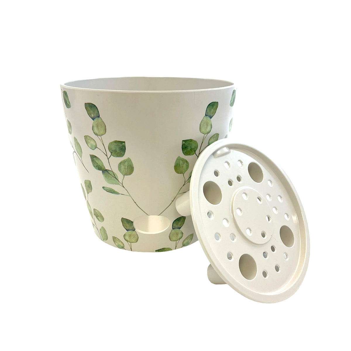 7" Green Leaves Round Self-Watering Bamboo Pot -Ship Only