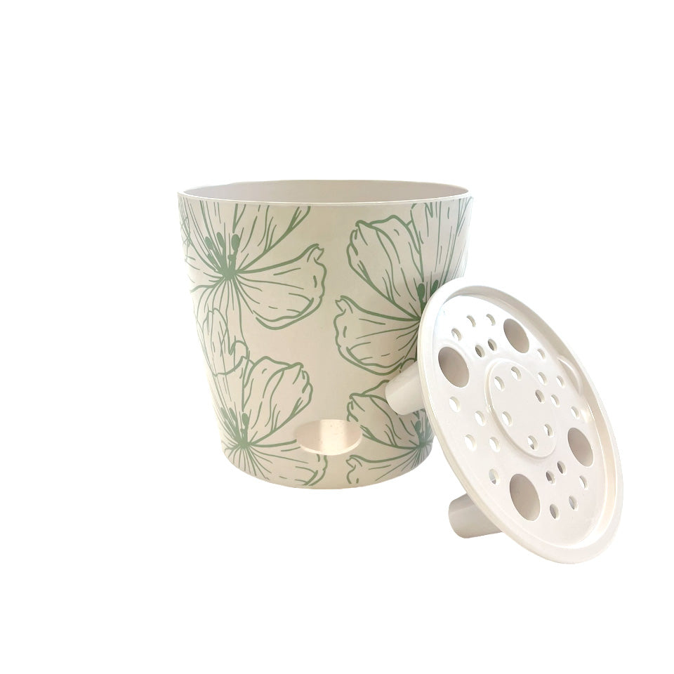 7" Green Flower Round Self-Watering Bamboo Pot -Ship Only