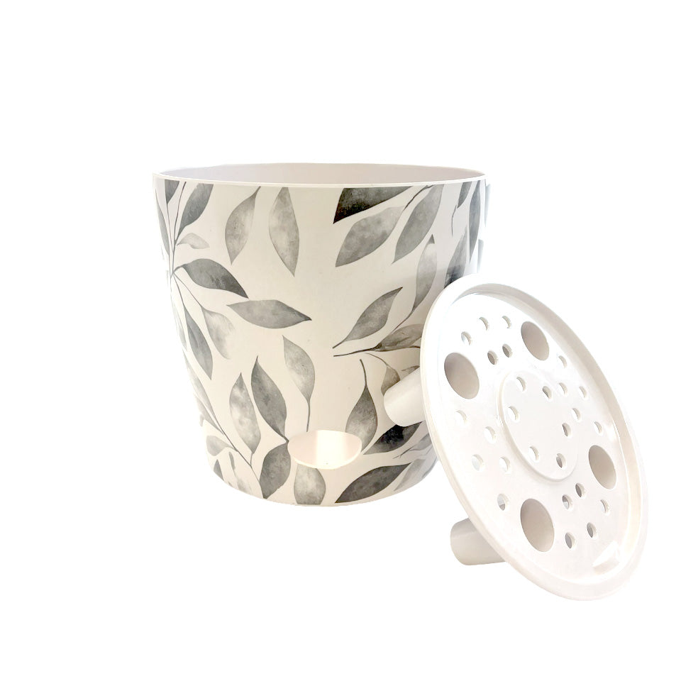 7" Gray Leaves Round Self-Watering Bamboo Pot -Ship Only