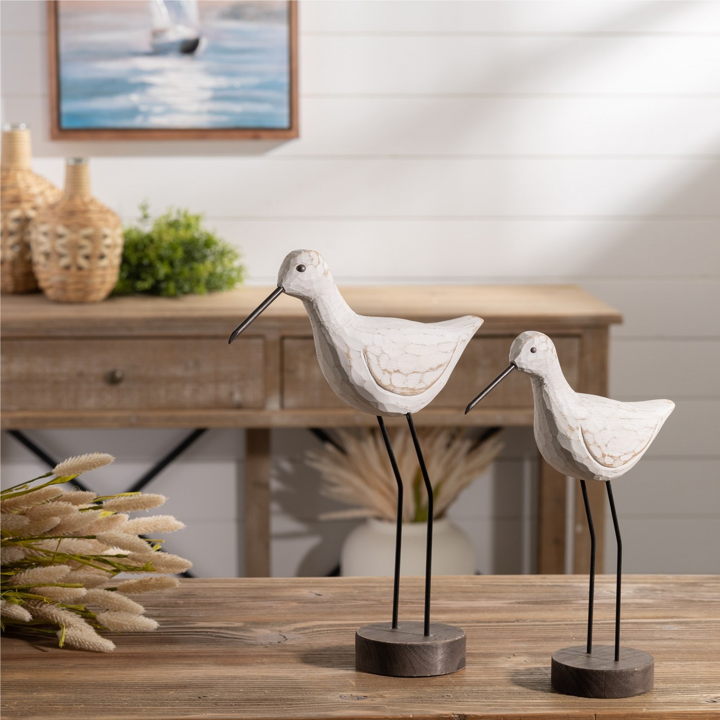 Carved Wood Sea Bird with Metal Stand (Set of 2) -Ship Only